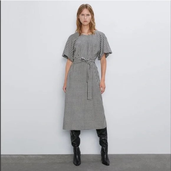 Zara Houndstooth Puff Sleeve Midi Dress - Picture 1 of 5